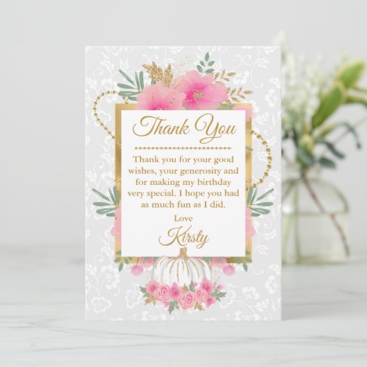 Waterverf Roze pompoen Bloemen goudflora Birthday Bedankkaart (Staand voorkant)