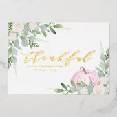 Waterverf roze pompoen en groen Thanksgiving Folie Feestdagenkaart (Voorkant)