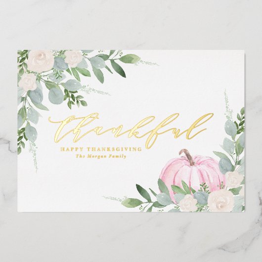 Waterverf roze pompoen en groen Thanksgiving Folie Feestdagenkaart (Voorkant)