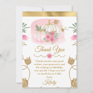 Waterverf Roze Pompoen Gouden Glitter Verjaardag Bedankkaart