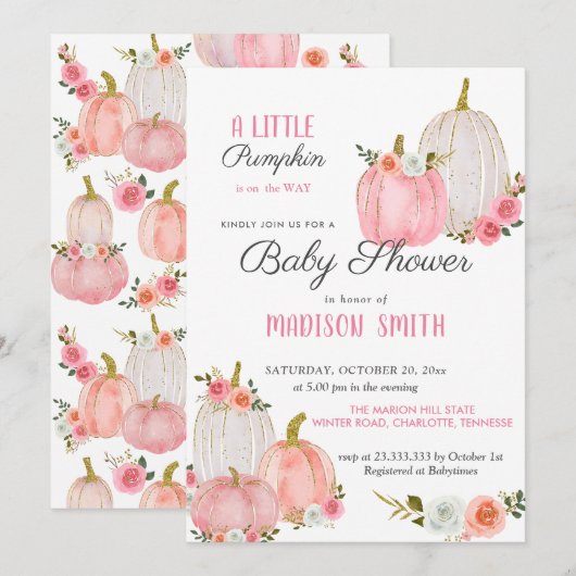 Waterverf Roze pompoenen Rozen | BABY SHOWER Kaart (Voorkant / Achterkant)