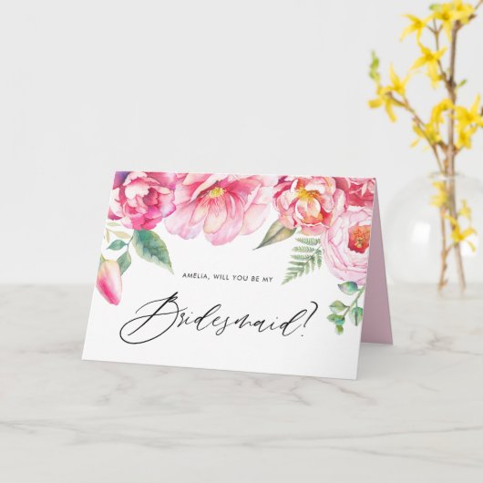 Waterverf roze pony's zullen mijn Bridesmaid zijn Kaart (Gele Bloem)