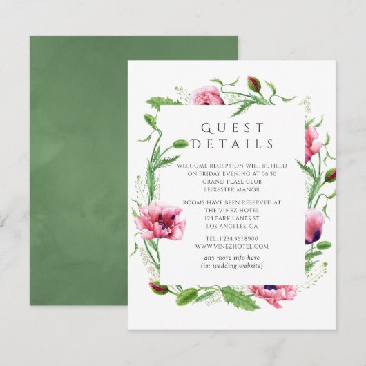 Waterverf Roze Poppies Bruiloft Gast Details Informatiekaartje (Voorkant / Achterkant)