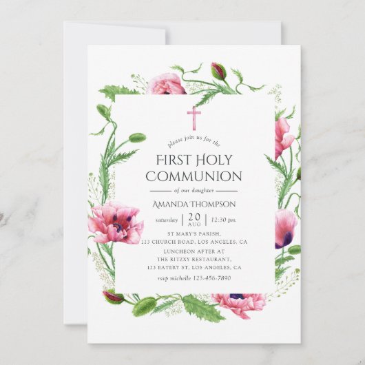 Waterverf Roze Poppies Eerste Heilige Communie Kaart (Voorkant)