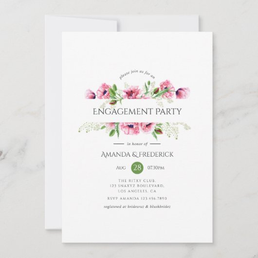 Waterverf Roze Poppies Engagement Party Kaart (Voorkant)