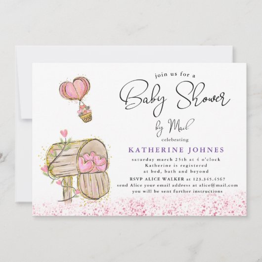 waterverf roze postvak virtueel baby shower uitnod (Voorkant)