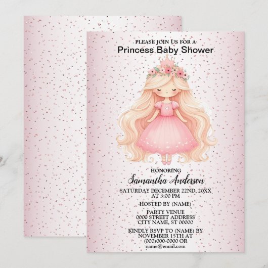 Waterverf Roze Prinses Baby shower Partij Kaart (Voorkant / Achterkant)