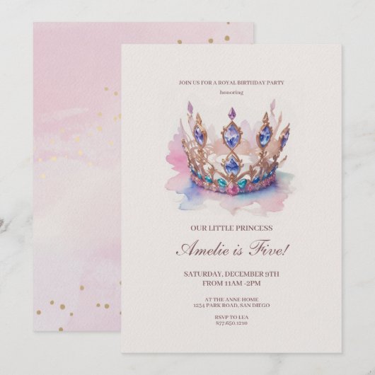 Waterverf Roze Prinses Kroonsprookje Verjaardag Kaart (Voorkant / Achterkant)