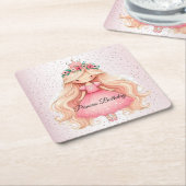 Waterverf Roze Prinses Verjaardagsfeest Schattige Kartonnen Onderzetters (Schuin)