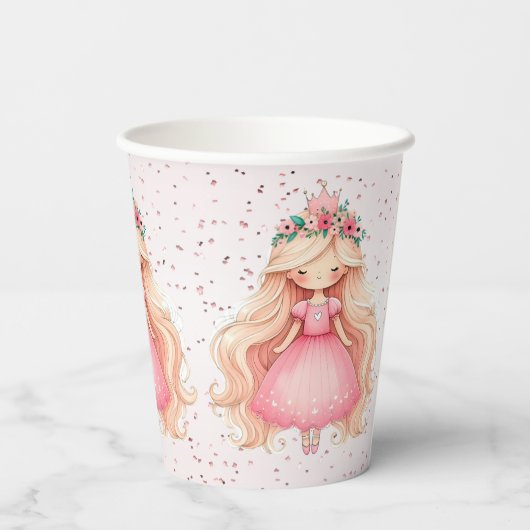 Waterverf Roze Prinses Verjaardagsfeest Schattige Papieren Bekers (Achterkant)