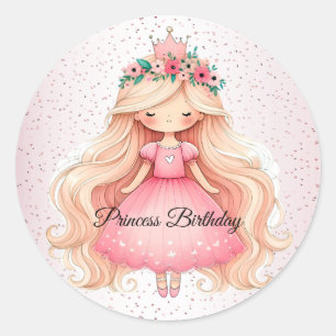 Waterverf Roze Prinses Verjaardagsfeest Schattige Ronde Sticker