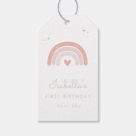 Waterverf Roze Regenboog 1e Verjaardag Cadeaulabel (Voorkant)