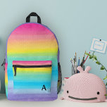 Waterverf Roze Regenboog Strepen Monogram Bedrukte Rugzak<br><div class="desc">Deze leuke, stijlvolle rugzak op maat heeft geverfde waterverf regenboogstrepen in roze, koraalperzik, geel, muntgroen, aqua, blauw en paarse. Een monogram initiaal tekst sjabloon is inbegrepen - gebruik het om uw rugzak te personaliseren of te verwijderen, als u liever geen monogram. Deze schattige, kleurrijke school rugzak is perfect voor het...</div>