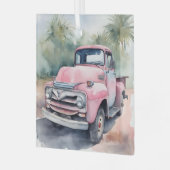 Waterverf roze retro truck in palmen glas ornament (Voorkant links)
