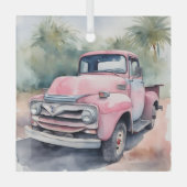 Waterverf roze retro truck in palmen glas ornament (Voorkant)