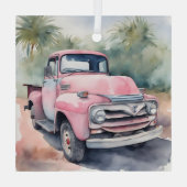 Waterverf roze retro truck in palmen glas ornament (Achterkant)