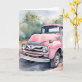 Waterverf Roze Retro Vrachtwagen Verjaardag Kaart (Gele Bloem)