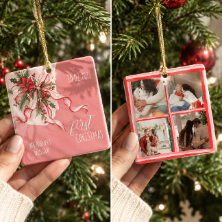 Waterverf Roze & Rode Boog Koppel Eerste Kerstmis Keramisch Ornament
