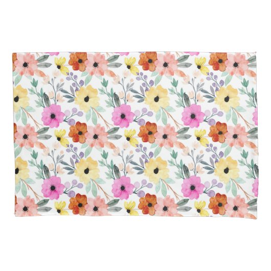 Waterverf roze, rode, gele bloemen kussensloop (Voorkant)