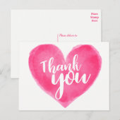 Waterverf Roze Rode Hart Dank U - Huwelijksliefde Briefkaart (Voorkant / Achterkant)