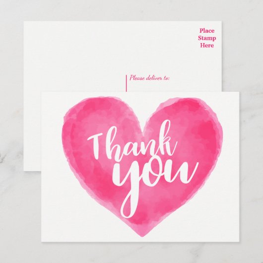 Waterverf Roze Rode Hart Dank U - Huwelijksliefde Briefkaart (Voorkant / Achterkant)