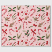 Waterverf Roze & Rode Kerst Kerststok Cadeaupapier (Vlak)