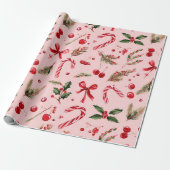 Waterverf Roze & Rode Kerst Kerststok Cadeaupapier (Uitgerold)
