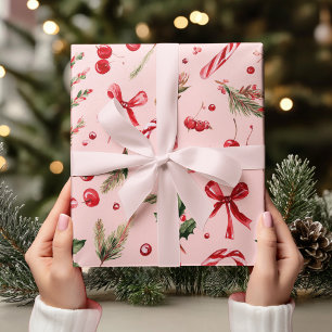 Waterverf Roze & Rode Kerst Kerststok Cadeaupapier