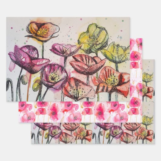 Waterverf roze rode papaverbloem inpakpapier vel (Set)