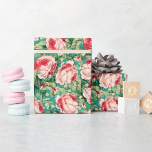 Waterverf Roze & Rode rozenbloemen & groene blader Cadeaupapier