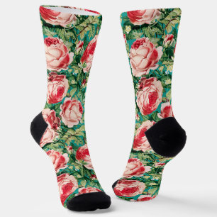 Waterverf Roze & Rode rozenbloemen & groene blader Sokken