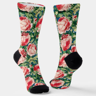 Waterverf Roze & Rode rozenbloemen & groene blader Sokken