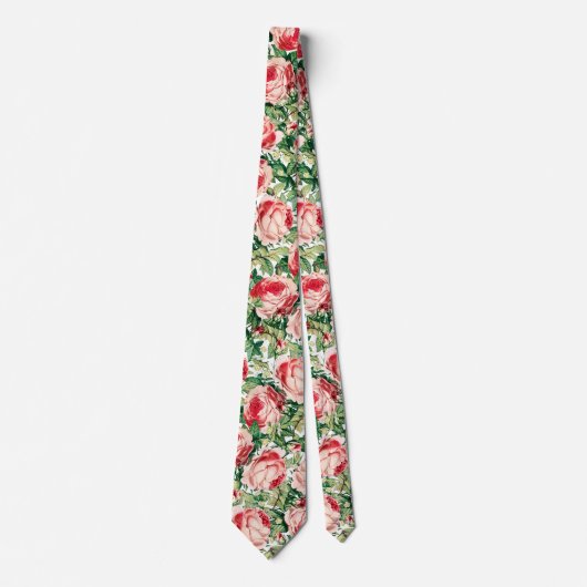 Waterverf Roze & Rode rozenbloemen & groene blader Stropdas (Voorkant)