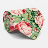 Waterverf Roze & Rode rozenbloemen & groene blader Stropdas (Opgerold)