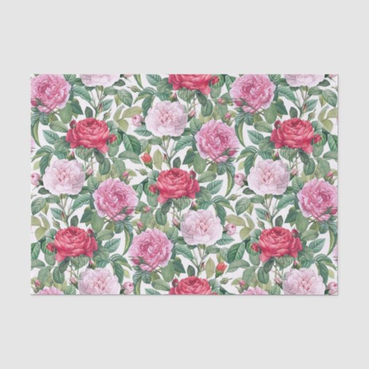 Waterverf Roze & Rode rozenbloemen & groene blader Tissuepapier (Voorkant)