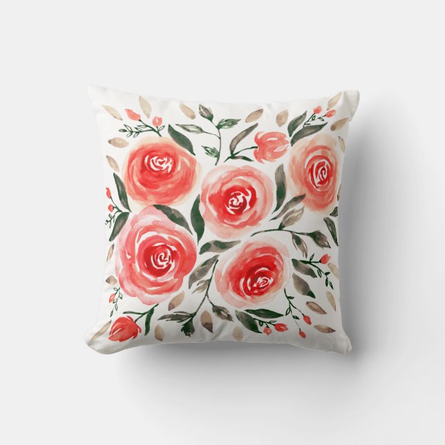Waterverf Roze Rood Bloemen Rozen Patroon Kussen (Voorkant)