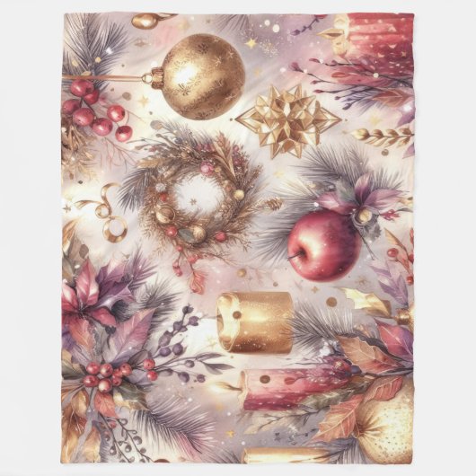 Waterverf Roze Rood Kerst Motieven Vakantie Fleece Deken (Voorkant)
