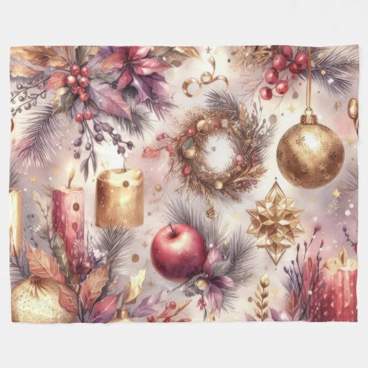 Waterverf Roze Rood Kerst Motieven Vakantie Fleece Deken (Voorkant (Horizontaal))