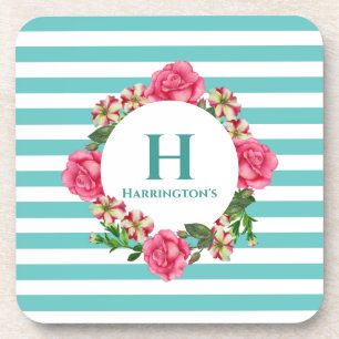 Waterverf Roze Rood Witte Petunias Monogram Bier Onderzetter