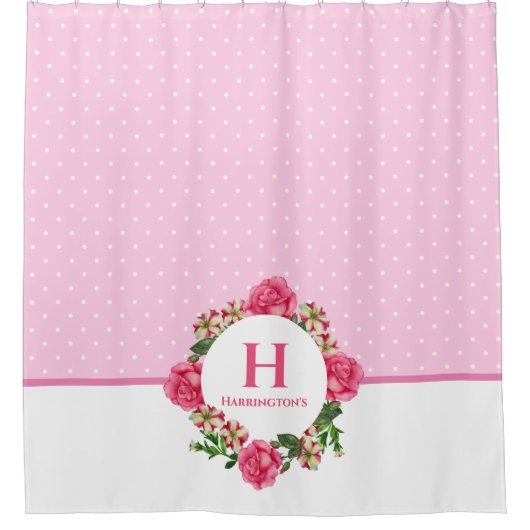 Waterverf Roze Rood Witte Petunias Monogram Douchegordijn (Voorkant)