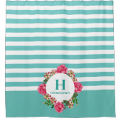 Waterverf Roze Rood Witte Petunias Monogram Douchegordijn (Voorkant)