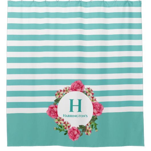 Waterverf Roze Rood Witte Petunias Monogram Douchegordijn (Voorkant)