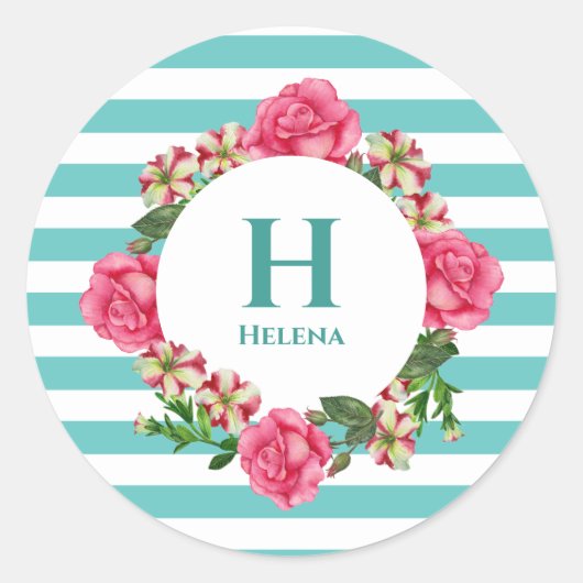 Waterverf Roze Rood Witte Petunias Monogram Ronde Sticker (Voorkant)
