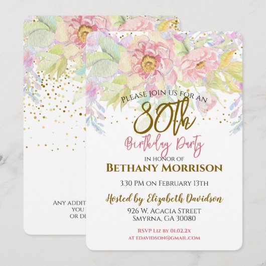 Waterverf Roze Roos 80e Verjaardag Kaart (Voorkant / Achterkant)