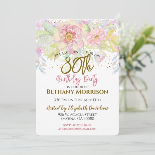 Waterverf Roze Roos 80e Verjaardag Kaart (Staand voorkant)