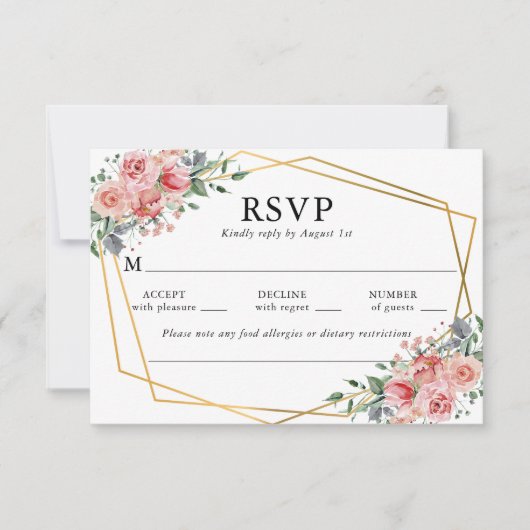Waterverf Roze Roos Floral Wedding RSVP Kaartje (Voorkant)