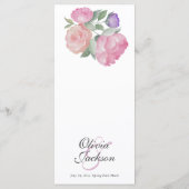 Waterverf Roze Roos & Pioen Huwelijksmenu Menu (Achterkant)