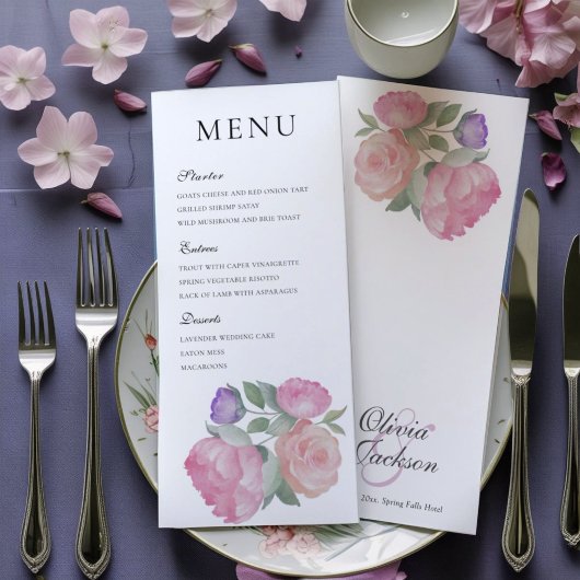 Waterverf Roze Roos & Pioen Huwelijksmenu Menu
