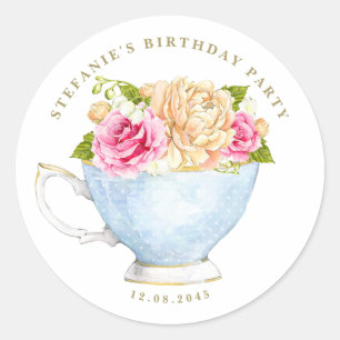Waterverf Roze Roos Theekopje Bloemige Verjaardags Ronde Sticker