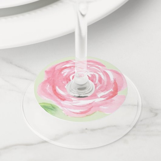 Waterverf Roze Roos Wijnglaslabel (Dichtbij)